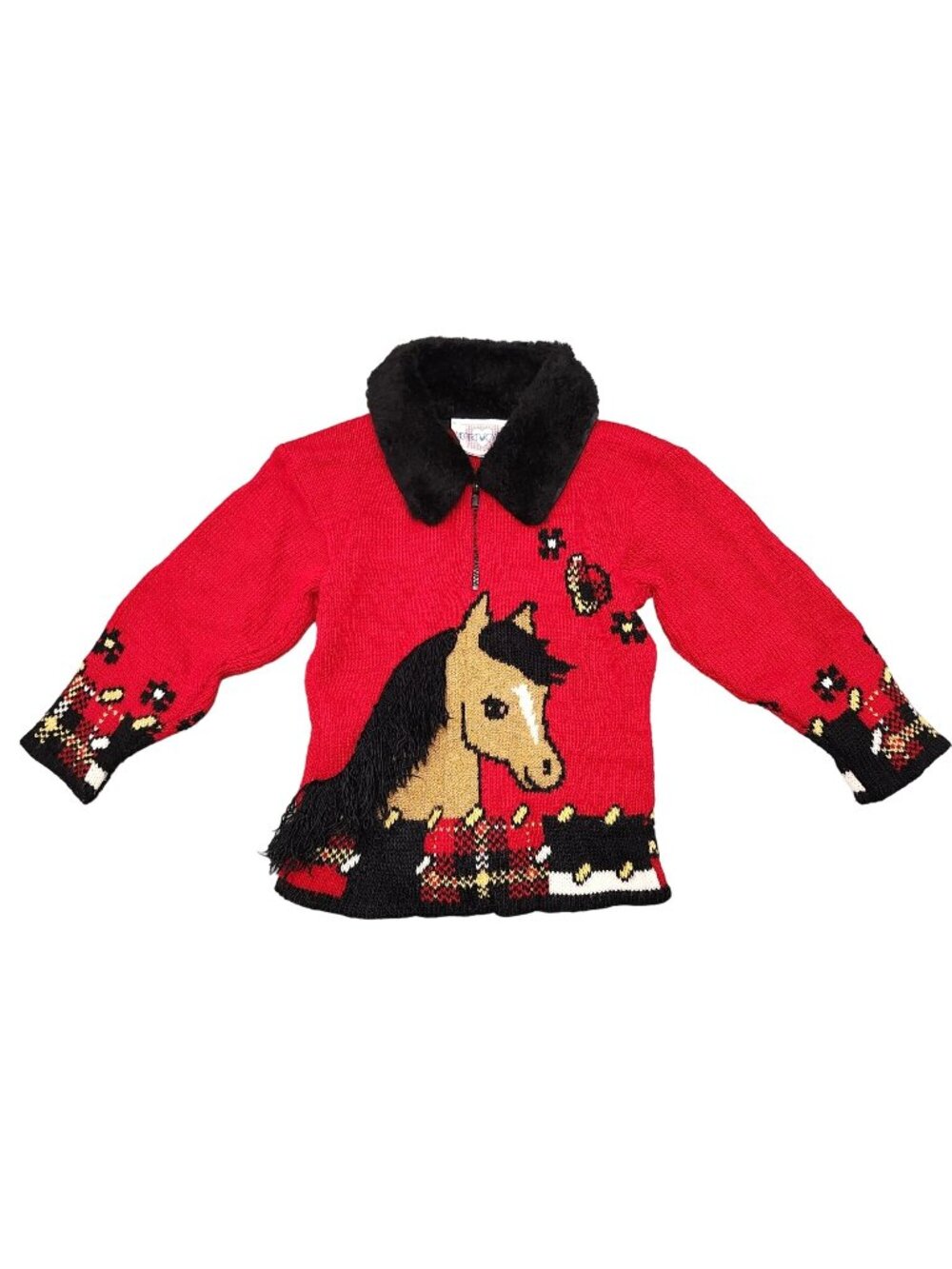 Vintage Girls Heartworks Horse Sweater Faux Fur Collar 3T Red Metallic USA Made